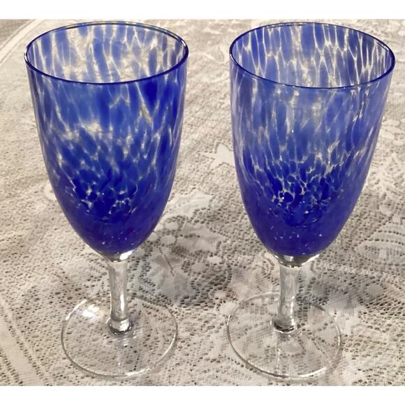 Set of 2 Degas Art Glass Wine - Water Glasses by Block Blue Swirled Blown - Picture 7 of 10